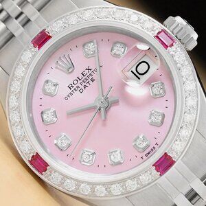 LADIES ROLEX DATE 18K WHITE GOLD DIAMOND RUBY WATCH